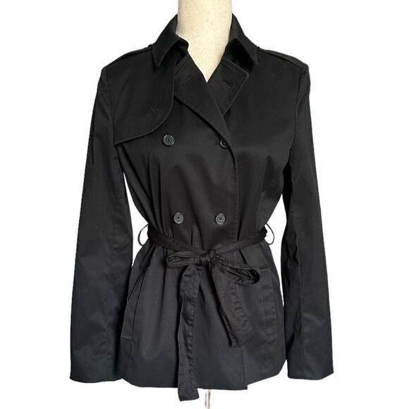 Brooks Brothers Black Double Breasted Belted Short Trench Coat | Size 2 - Picture 1 of 10
